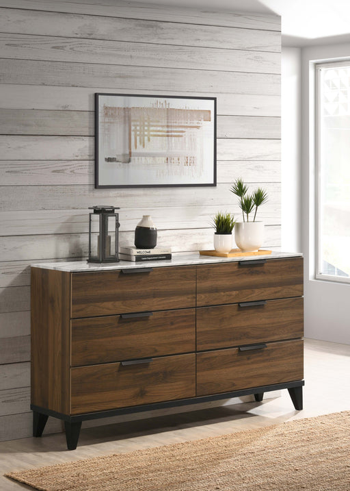 Mays 6-drawer Dresser Walnut Brown with Faux Marble Top image