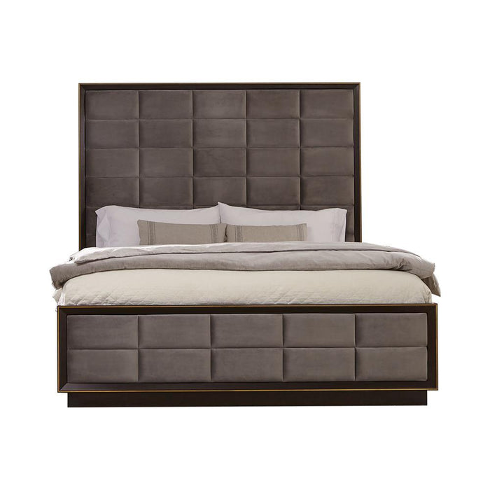 Durango California King, Eastren King, & Queen Upholstered Bed Smoked Peppercorn and Grey